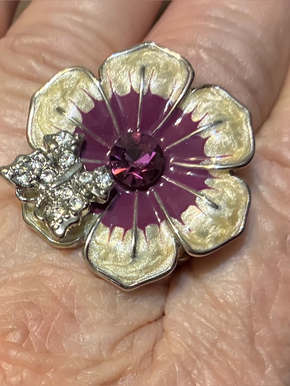 Burgundy Flower Stretch Cocktail Ring with Crystal Butterfly Accent